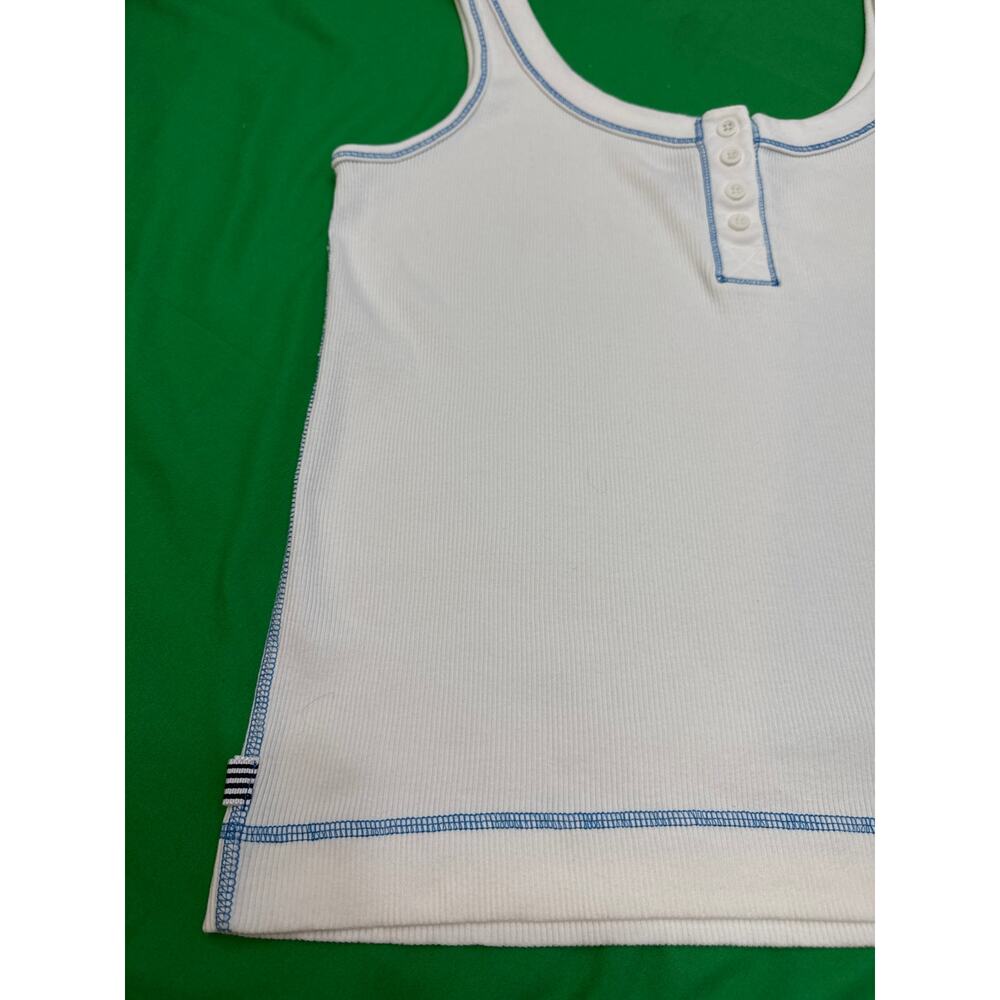 Jones New York women’s white ribbed cotton blue stitching Henley tank top L - Picture 9 of 11